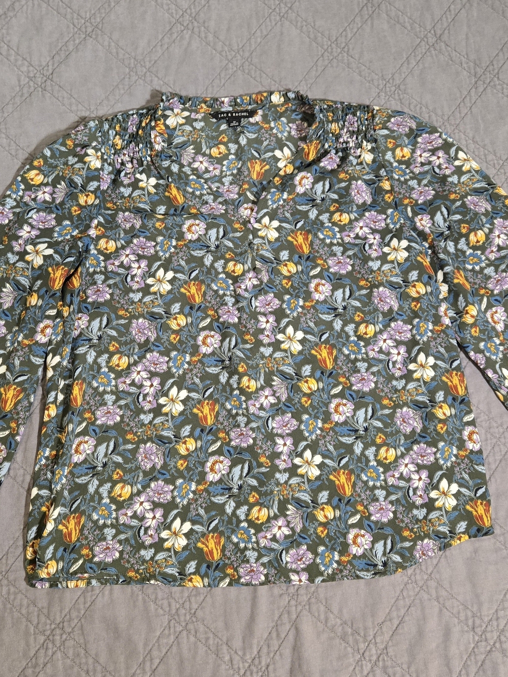 Laura Ashley Olive Floral V-Neck Long Sleeve Blouse